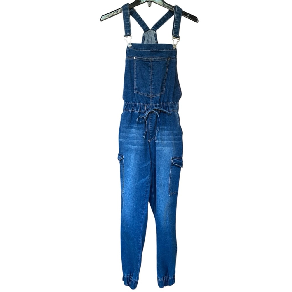 Almost Famous Drawstring Utility Jogger Overalls Denim Cargo Side Pockets Size S